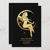 Mystical Black Gold Celestial Stars Wedding Rett Save The Date (Vorne/Hinten)