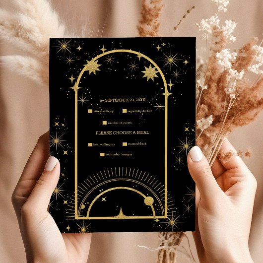 Mystical Black Gold Celestial Stars Wedding  RSVP Karte