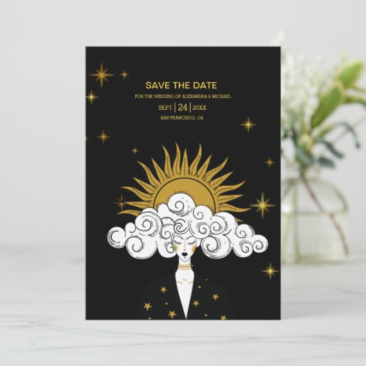 Mystical Black Gold Celestial Sun Wedding Save The Date (Stehend Vorderseite)