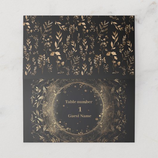 Mystical Black Gold Celestial Wedding Platzkarte (Außenseite Aufgefaltet)