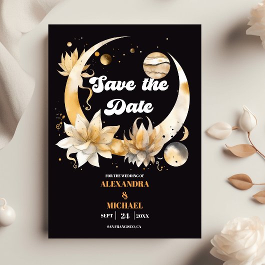 Mystical Black Gold Celestial Wedding Save The Date
