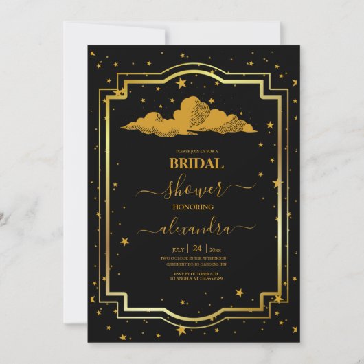 Mystical Black Gold Celestis Stars Brautparty Einladung (Vorderseite)