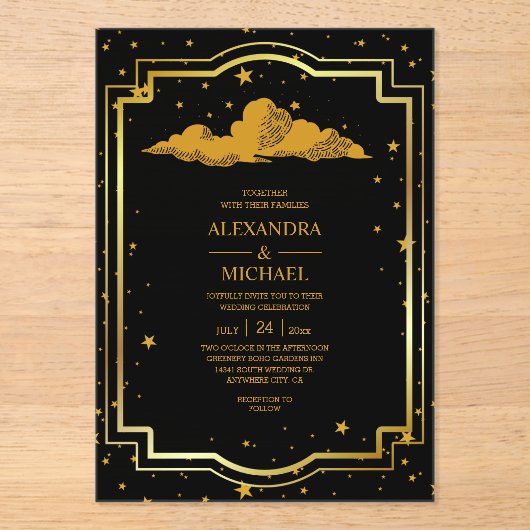 Mystical Black Gold Celestis Stars Wedding Acryleinladungen (Vorderseite)