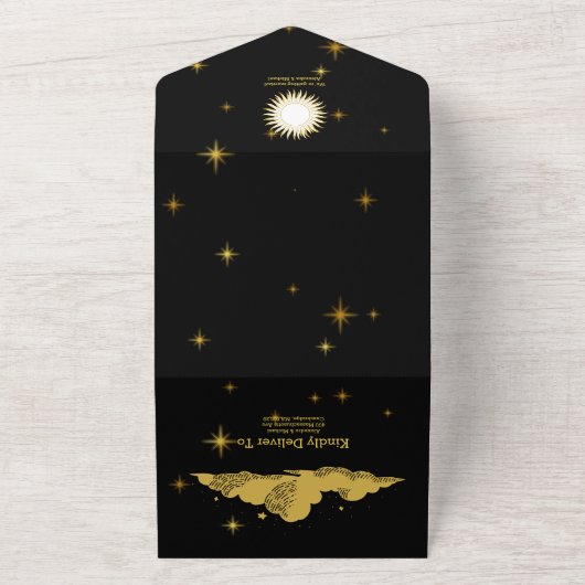 Mystical Black Gold Celestis Stars Wedding All In One Einladung (Außenbereich)