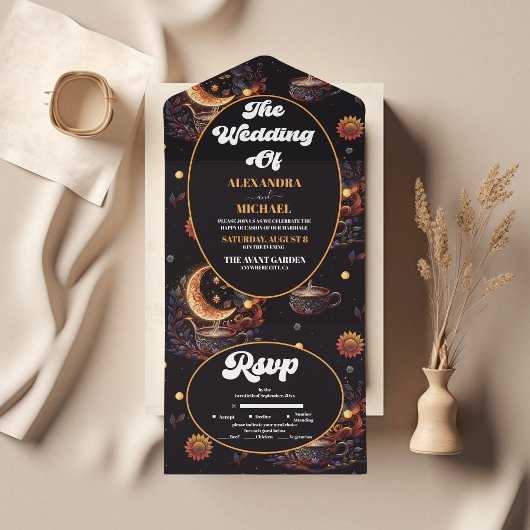 Mystical Black Gold Celestis Stars Wedding All In One Einladung