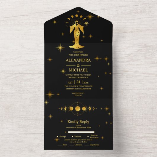 Mystical Black Gold Celestis Stars Wedding All In One Einladung (Innen Boden)