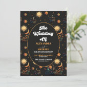 Mystical Black Gold Celestis Stars Wedding Einladung (Stehend Vorderseite)