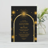 Mystical Black Gold Celestis Stars Wedding Einladung (Stehend Vorderseite)