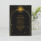 Mystical Black Gold Celestis Stars Wedding Einladung (Stehend Vorderseite)