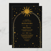 Mystical Black Gold Celestis Stars Wedding Einladung (Vorne/Hinten)