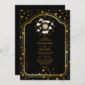 Mystical Black Gold Celestis Stars Wedding Einladung (Vorne/Hinten)