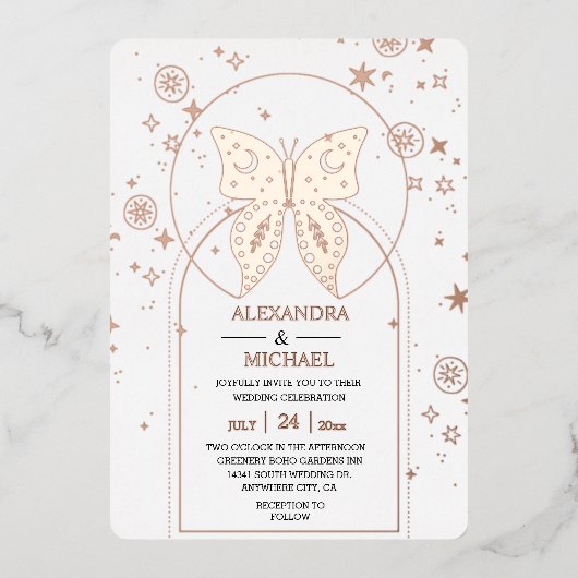 Mystical Black Gold Celestis Stars Wedding Folieneinladung (Vorderseite)