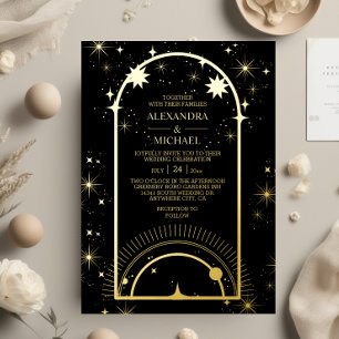 Mystical Black Gold Celestis Stars Wedding Folieneinladung