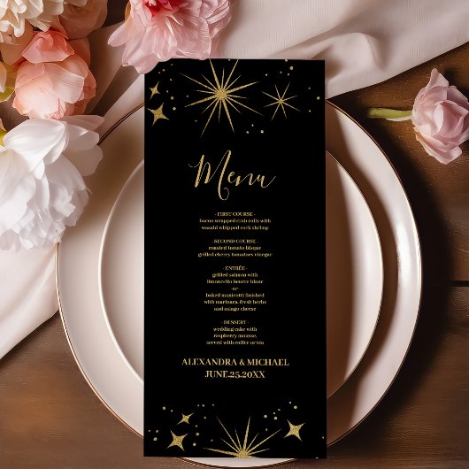 Mystical Black Gold Celestis Stars Wedding Menükarte