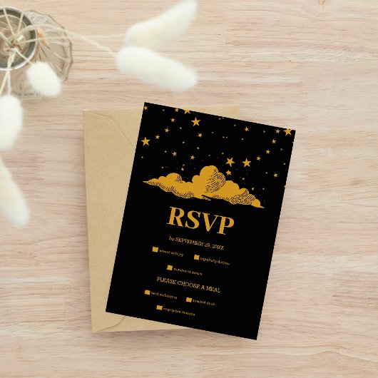 Mystical Black Gold Celestis Stars Wedding RSVP Karte