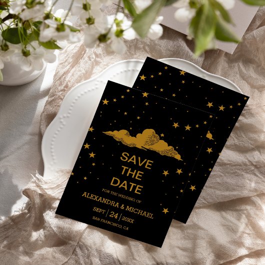 Mystical Black Gold Celestis Stars Wedding Save The Date