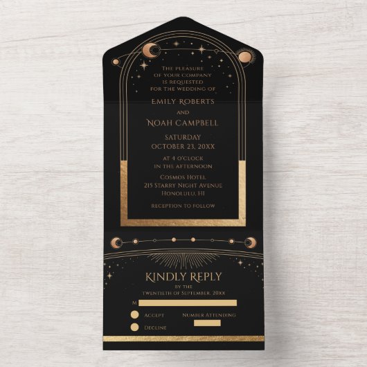 Mystical Black Gold Sun Moon Astronomie Hochzeit All In One Einladung (Innen Boden)