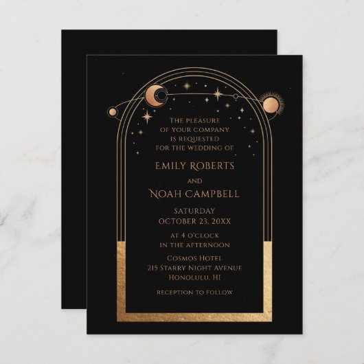 Mystical Black Gold Sun Moon Astronomie Hochzeit Einladung (Vorne/Hinten)