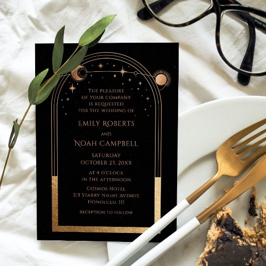 Mystical Black Gold Sun Moon Astronomie Hochzeit Einladung