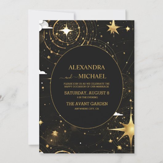 Mystical Black Gold Sun Moon Celestiding Wedding Einladung (Vorderseite)