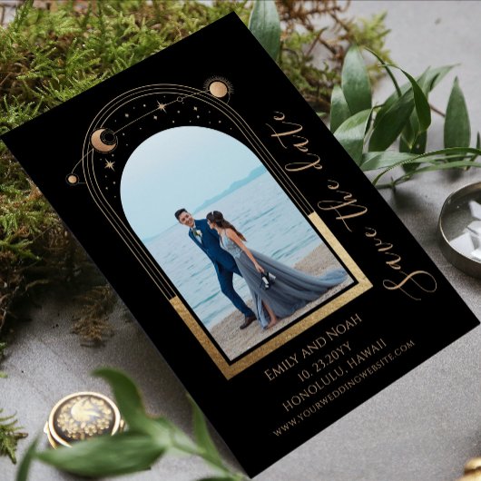 Mystical Black Gold Sun Moon Star Space Save The Date