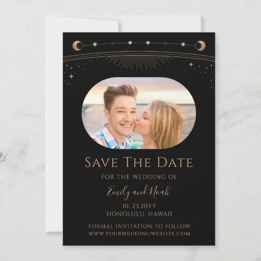 Mystical Black Gold Sun Moon Star Space Save The Date (Vorderseite)