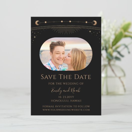 Mystical Black Gold Sun Moon Star Space Save The Date (Stehend Vorderseite)