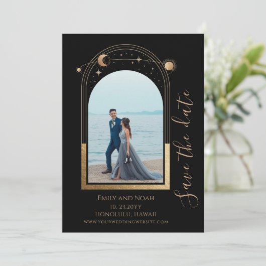 Mystical Black Gold Sun Moon Star Space Save The Date (Stehend Vorderseite)