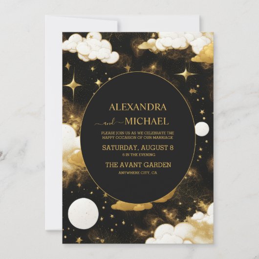Mystical Black Gold Sun Moon Stars Hochzeit Einladung (Vorderseite)