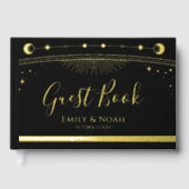 Mystical Black Gold Sun Moon Stars Hochzeit Gästebuch (Vorderseite)