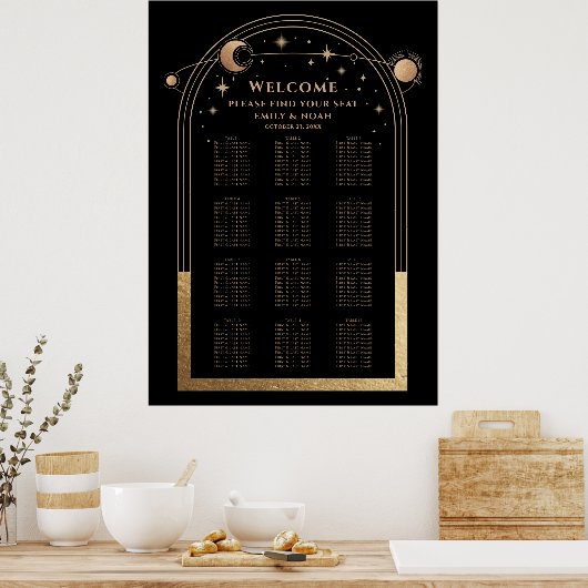 Mystical Black Gold Sun Moon Stars Hochzeit Poster (Küche)
