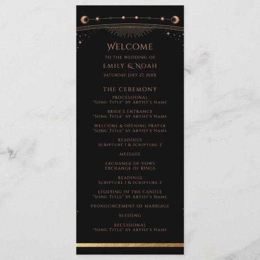 Mystical Black Gold Sun Moon Stars Hochzeit Programm (Vorderseite)