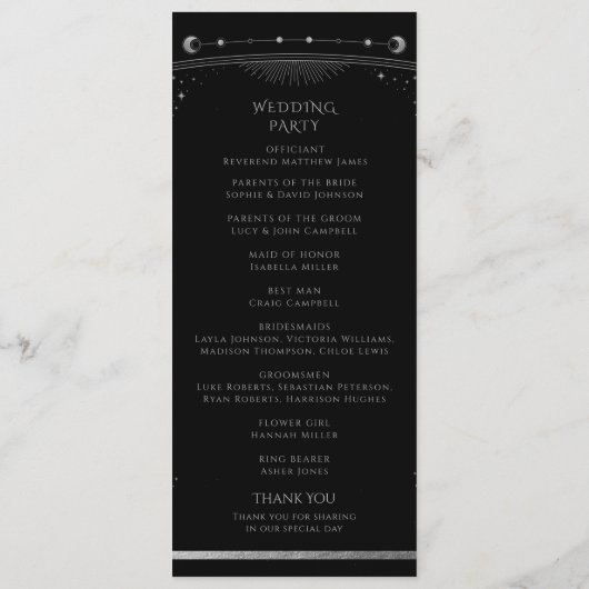 Mystical Black SIlver Sun Moon Stars Hochzeit Programm (Rückseite)