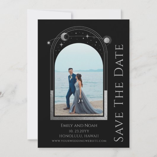Mystical Black Silver Sun Moon Stars Space Save The Date (Vorderseite)
