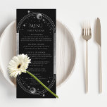 Mystical Black Silver Sun Moon Wedding Menu Cards Menükarte<br><div class="desc">Mystical Black Silver Sun Moon Stars Wedding Menu Cards mit einer silbernen Sonne,  Mond und Sternen auf einem schwarzen Hintergrund mit Ihren Menüdetails in der Mitte in modernen Silber-Kalligraphie-Skript. Personalisieren Sie den Text durch Bearbeiten in den bereitgestellten Textfeldern. Entworfen für Sie von Evco Studio © unter www.zazzle.com/store/evcostudio</div>
