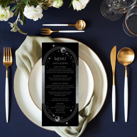 Mystical Black Silver Sun Moon Wedding Menu Cards Menükarte