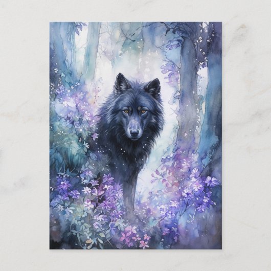 Mystical Black Wolf in Purple Watercolor Forest Postkarte (Vorderseite)