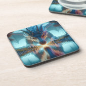 Mystical Blue Dragon betrachtet Reflektion in Wass Getränkeuntersetzer (Linke Seite)