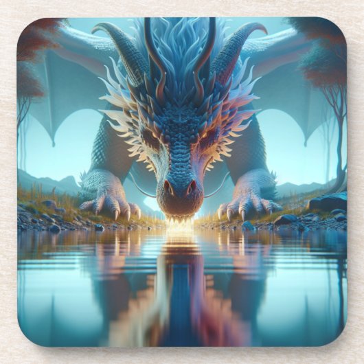 Mystical Blue Dragon betrachtet Reflektion in Wass Getränkeuntersetzer (Vorderseite)