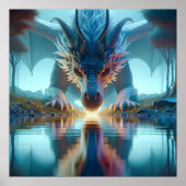 Mystical Blue Dragon betrachtet Reflektion in Wass Poster (Vorne)