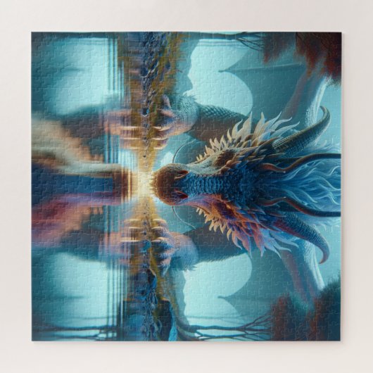 Mystical Blue Dragon betrachtet Reflektion in Wass Puzzle (Horizontal)
