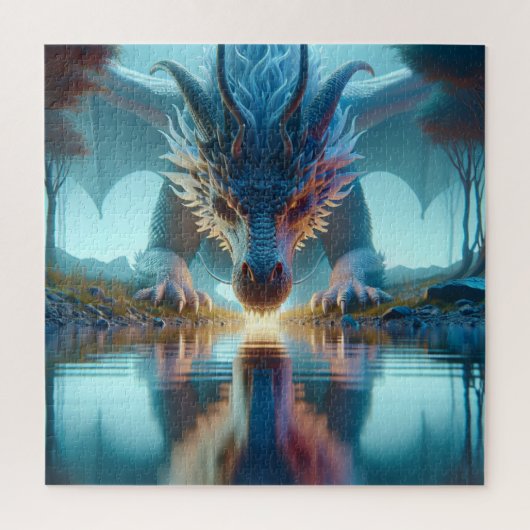 Mystical Blue Dragon betrachtet Reflektion in Wass Puzzle (Vertikal)