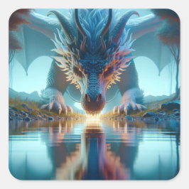 Mystical Blue Dragon betrachtet Reflektion in Wass Quadratischer Aufkleber