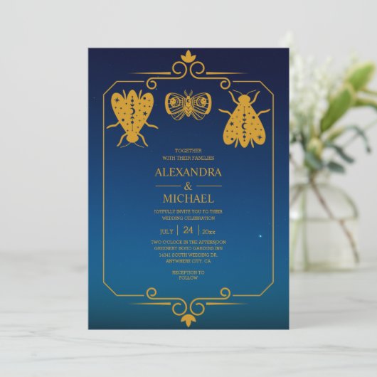 Mystical Blue Gold Celestial Stars Wedding Einladung (Stehend Vorderseite)