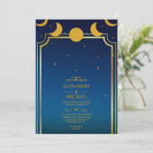 Mystical Blue Gold Celestial Stars Wedding Invit Einladung (Stehend Vorderseite)