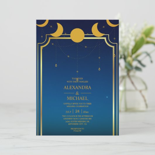 Mystical Blue Gold Celestial Stars Wedding Invit Einladung (Stehend Vorderseite)