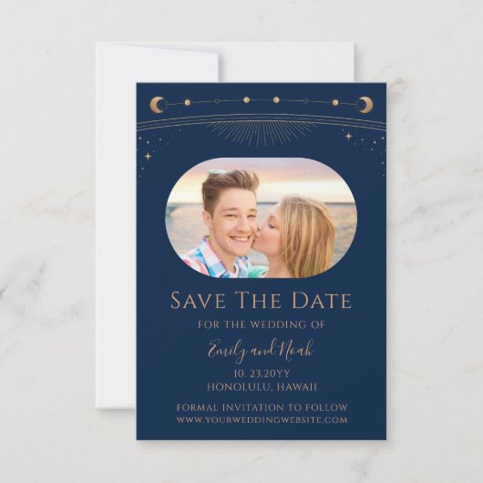 Mystical Blue Gold Sun Moon Star Space Save The Date (Vorderseite)