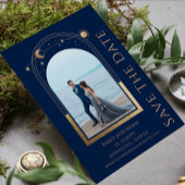 Mystical Blue Gold Sun Moon Star Space Wedding Save The Date