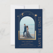 Mystical Blue Gold Sun Moon Star Space Wedding Save The Date (Vorderseite)