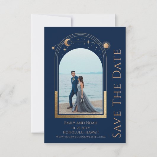 Mystical Blue Gold Sun Moon Star Space Wedding Save The Date (Vorderseite)